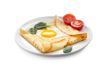 Delicious crepe with egg, tomato and basil isolated on white