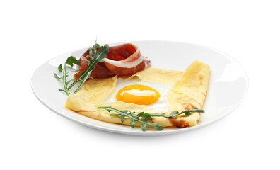 Delicious crepe bretonne with bacon and arugula isolated on white