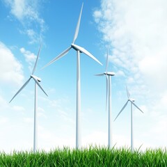Fototapeta premium Green energy wind turbines with fresh grass and blue sky isolated on white background