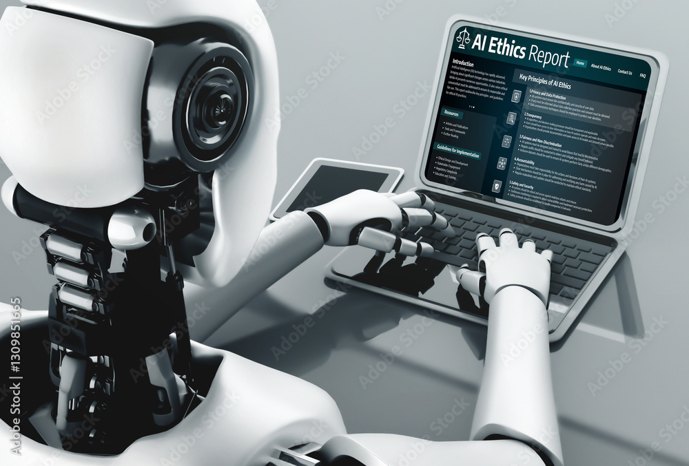 Poster robot humanoid use laptop and sit at table in future office while using ai thinking brain , artifici