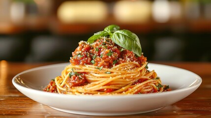 Authentic Italian Spaghetti Bolognese with Fresh Basil Leaf & Meat Sauce Pasta - Delicious, Classic Comfort Food.
