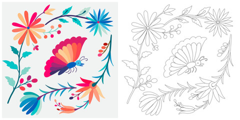 Coloring page, example for coloring, composition with flowers and animals in Mexican style
