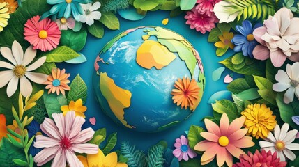 A vibrant globe surrounded by colorful flowers and leaves, symbolizing environmental beauty and diversity.