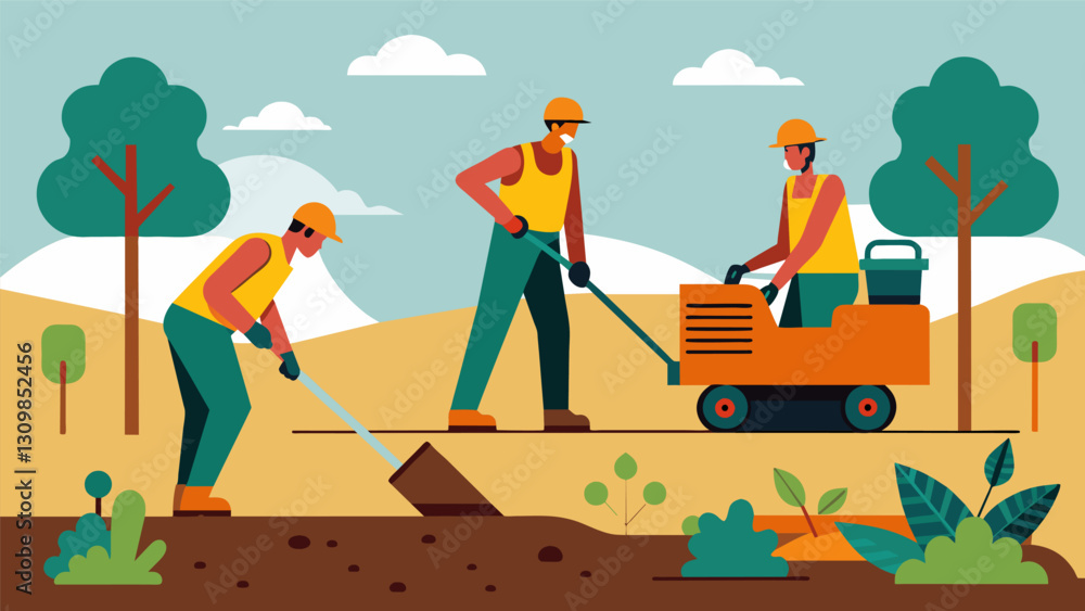 Poster workers using specialized equipment to compact the soil and pack it tightly to prevent settling.. ve