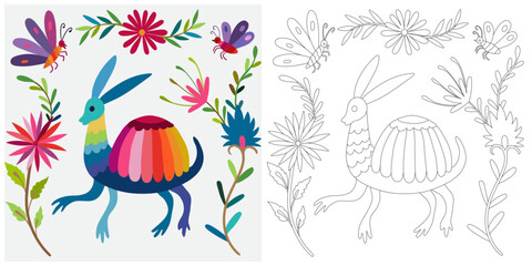 Coloring page, example for coloring, composition with flowers and animals in Mexican style