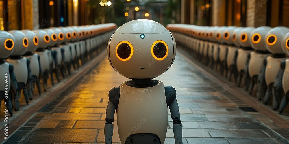 Poster robots lined up in a futuristic corridor with glowing eyes during an evening gathering in a technolo