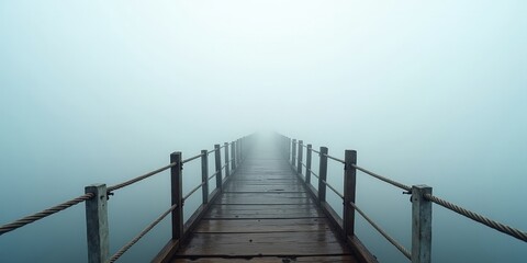 Suspended Rope Bridge in Foggy Cliff Landscape &ndash; Mysterious and Adventurous Background.