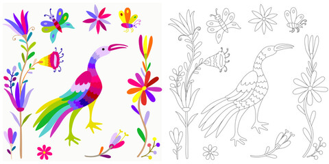 Folk Otomi style graphic, wallpaper. Coloring page, example for coloring, composition with flowers and animals in Mexican style