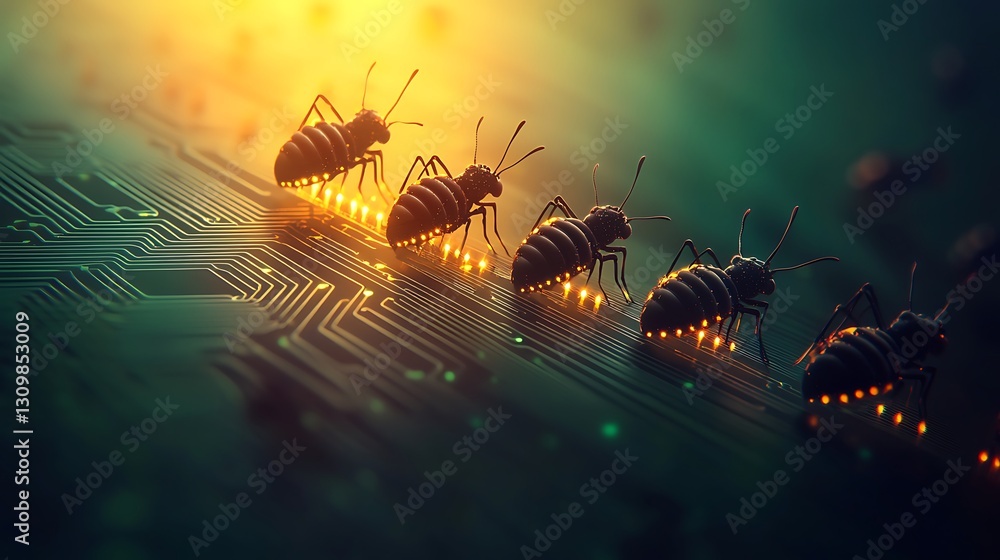 Poster close-up view of ants walking on a circuit board with glowing lights in a dark background