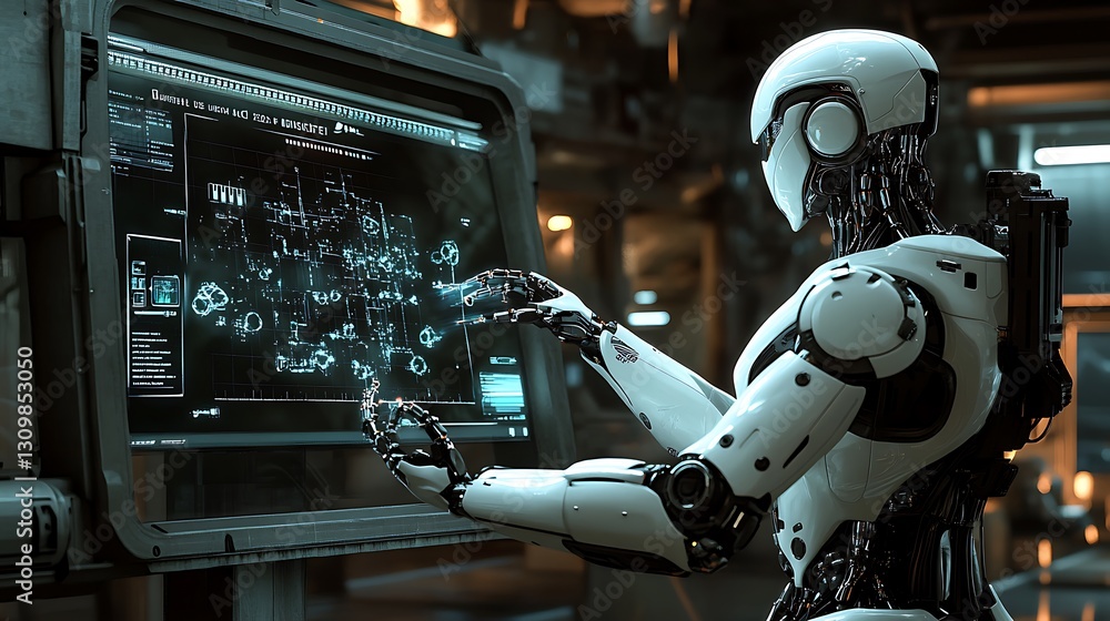 Poster a humanoid robot programming nanobots on a holographic interface in a dimly lit, advanced research f