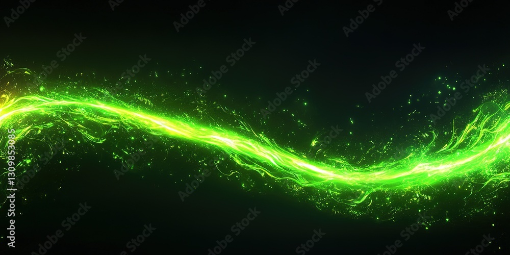 Poster captivating green energy wave with sparkling particle effects in a dynamic design