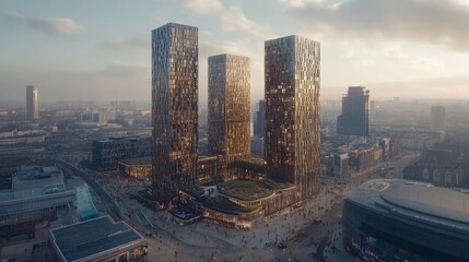 Obraz premium Elevated view showcases modern skyscrapers in an urban city setting