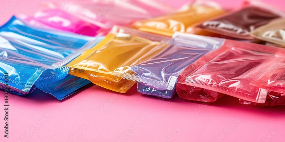 Poster assorted vibrant color packets arranged on a pink background showcasing various hues for art and cra
