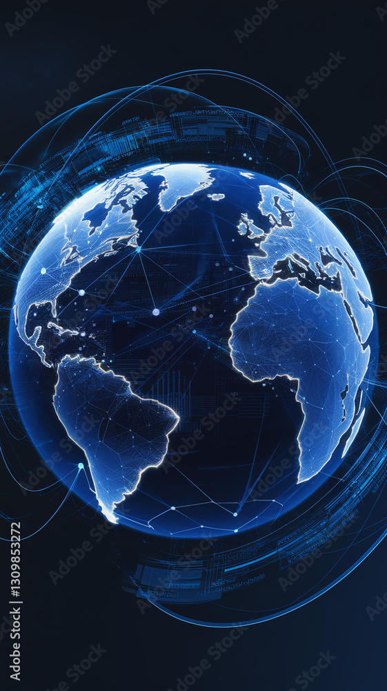 Aufkleber blue glowing earth globe with digital network connections, showcasing global communication and techn
