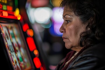 Obraz premium Woman intently watches slot machine screen lights.