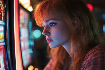 Woman watches colorful slot machine display intently.