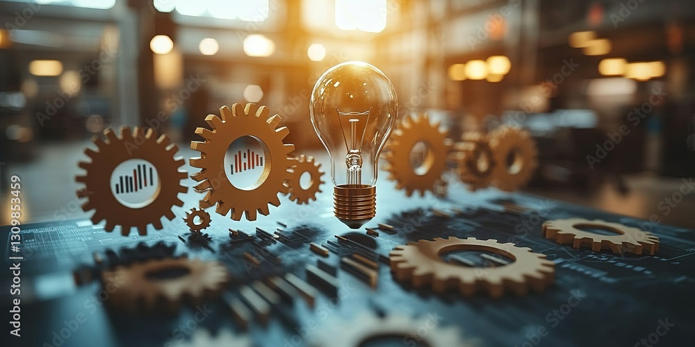 Poster creative light bulb surrounded by gears on a dark table in a modern workspace