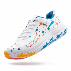 Fototapete Rund A brand-new sport shoe with abstract paint splatter patterns and mismatched colorways, isolated on a white background © Inner peace_2025