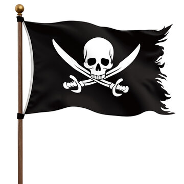 recommend clip art: Black pirate Jolly Roger naval flag with skull and crossed swords on wooden pole