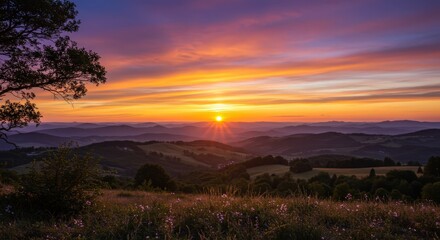 Scenic Sunset Over Rolling Hills Landscape. Summer Solstice, Midsummer. Nature Beauty. Tranquil Atmosphere. Wallpaper Background with Copy Space.