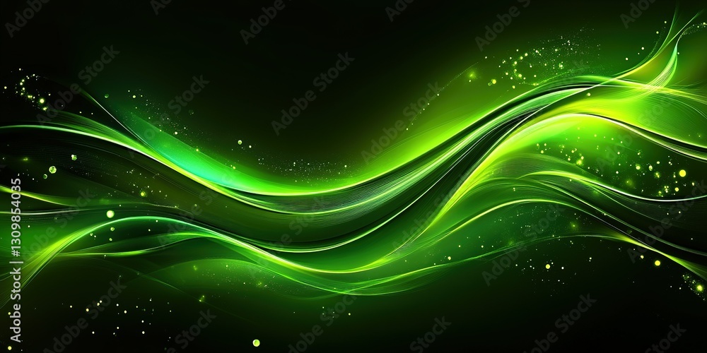 Poster fluid green waves create a dynamic abstract background with glowing particles on a dark canvas