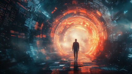 Ethical leadership in AI and emerging technologies, a futuristic leader silhouetted against a glowing neural network