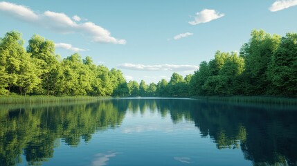 Tranquil Lake Scene Surrounded by Lush Green Trees on Sunny Day