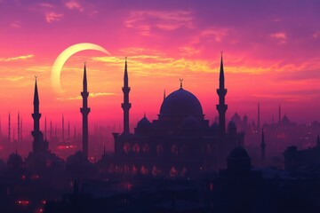 Fototapeta premium A breathtaking islamic cityscape at dusk with a vibrant sunset and crescent moon highlighting majestic mosque domes and minarets in photorealistic detail