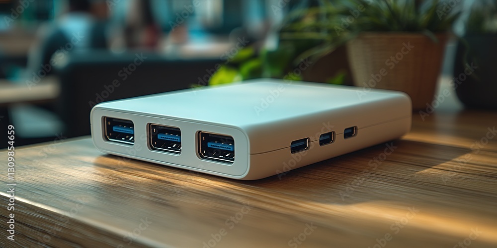 Poster external usb hub resting on a wooden table in a modern workspace with green plants in the background