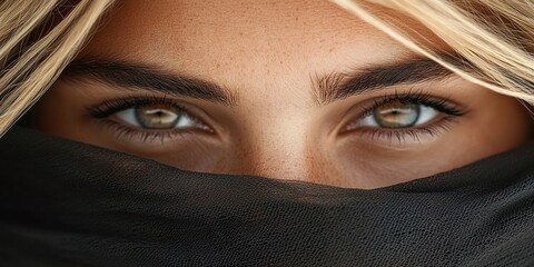 Mysterious Gaze: An intimate close-up showcases the captivating eyes of a woman, partially veiled, expressing depth and allure, drawing the viewer in with their enigmatic beauty.