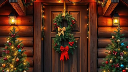 Naklejka premium Cozy cabin door with festive lights and wreath, peaceful, wreath