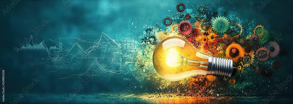 Aufkleber creative concept of innovation with a glowing light bulb surrounded by colorful gears and graphs rep