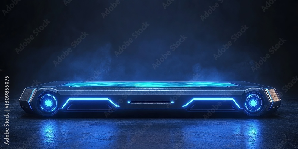 Poster futuristic hover platform illuminated with blue lights in a dark setting