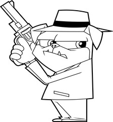 Outlined Funny Mafia Pug Dog Cartoon Character in Suit
and Hat Holding a Revolver
