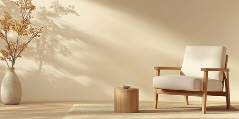 Cozy Minimalist Living Room: Experience the essence of serene modern living with this minimalist interior showcasing an armchair, side table, and a vase with plants.