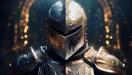 A knight in ornate armor stands confidently in a vibrant, magical landscape.