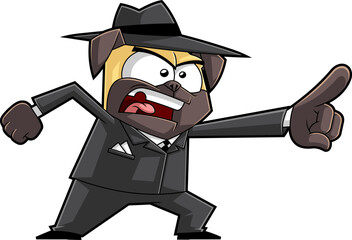 Obraz premium Funny Mafia Pug Dog Cartoon Character in Suit and Hat Pointing Aggressively. Vector Hand Drawn Illustration Isolated On Transparent Background