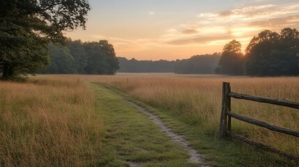 Trail through meadow at dawn, sun and trees