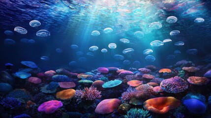 Naklejka premium Vibrant Underwater Scene with Colorful Corals and Jellyfish