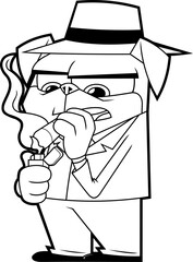 Outlined Funny Mafia Pug Dog Cartoon Character in Suit
and Hat Lighting a Cigar