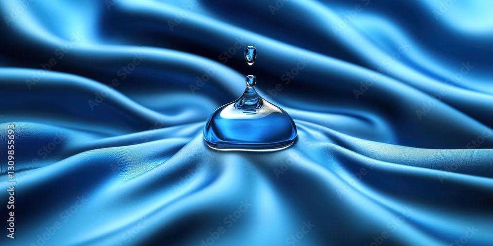 Poster water droplet resting on smooth blue fabric creating an elegant and serene visual effect