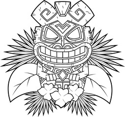 Black And White Smiling Tiki Mask with Tropical Leaves
and Flowers. Hawaiian Polynesian Tribal Art