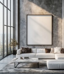 Modern loft living room with large blank canvas.