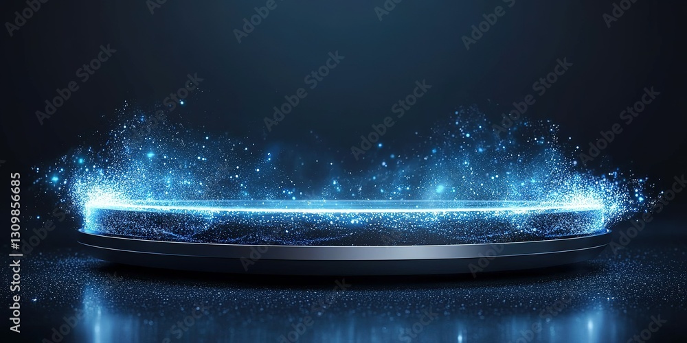 Poster dynamic blue sparkling platform with glowing particles on a dark background