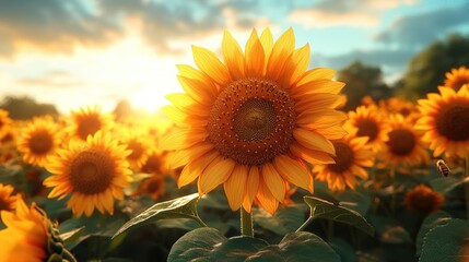 Obraz premium Vibrant sunflower field at sunset