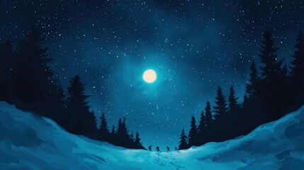 Fototapeta premium Starry Night Adventure in Snowy Forest under Full Moon Light