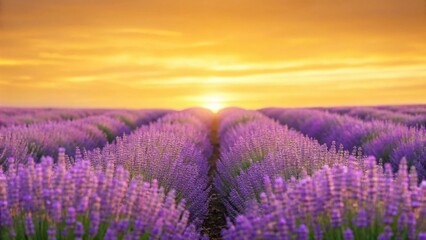 Obraz premium A vibrant lavender field stretches under a golden sunset, creating a serene and picturesque landscape.