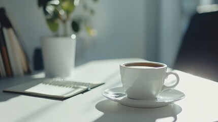 Coffee break at sunny office desk