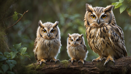 Fototapeta premium A Heartwarming Image of an Owl with Its Owlet, Symbolizing Family and Care in Nature