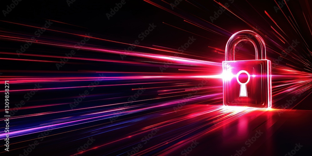 Poster vibrant digital lock illuminated by beams of light representing security and protection in a futuris